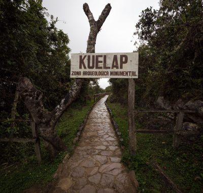Entrance welcome sign name letter of Kuelap archaeological monument ancient citadel ruins andes cloud Amazonas Peru
